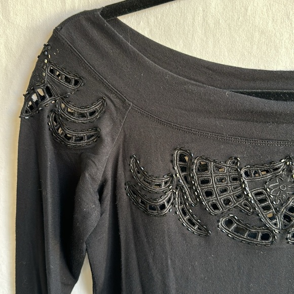 Cache black boatneck top with beading and cutouts, size S - Picture 3 of 9